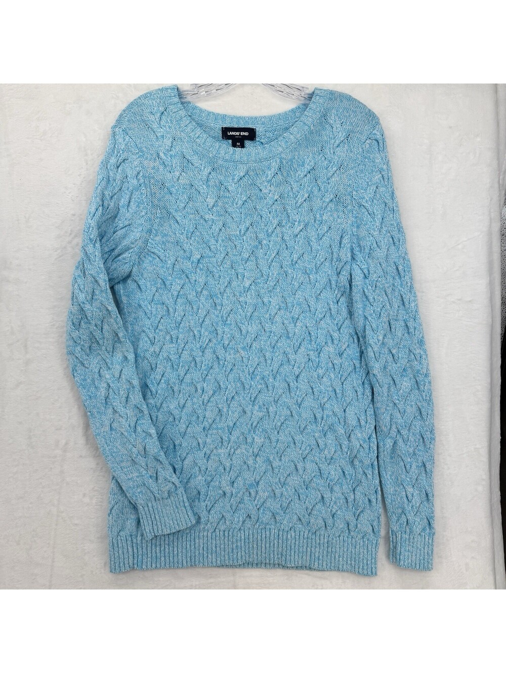 Lands End Cable Knit Drifter Sweater Medium Womens Aqua Blue 100% Cotton Tops
